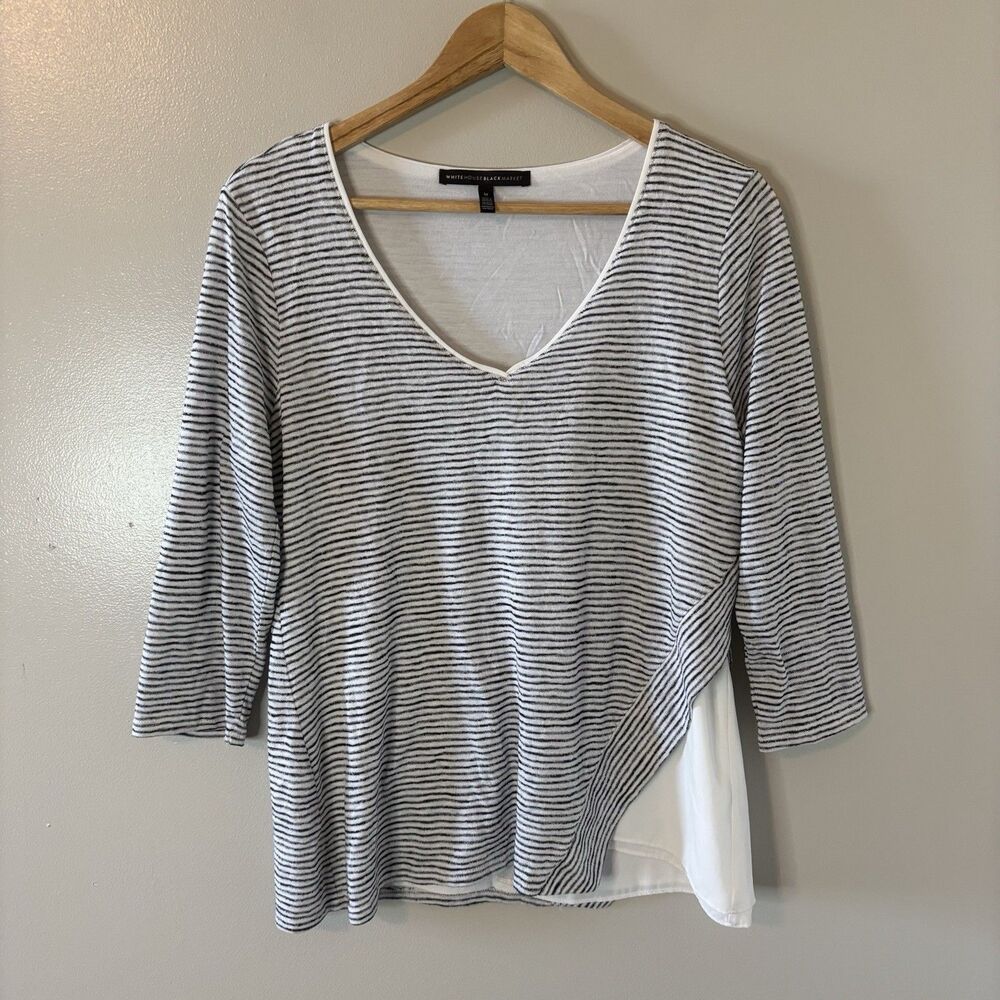 White House Black Market Striped Top 3/4 Sleeve V-neck Shirt Sz Medium